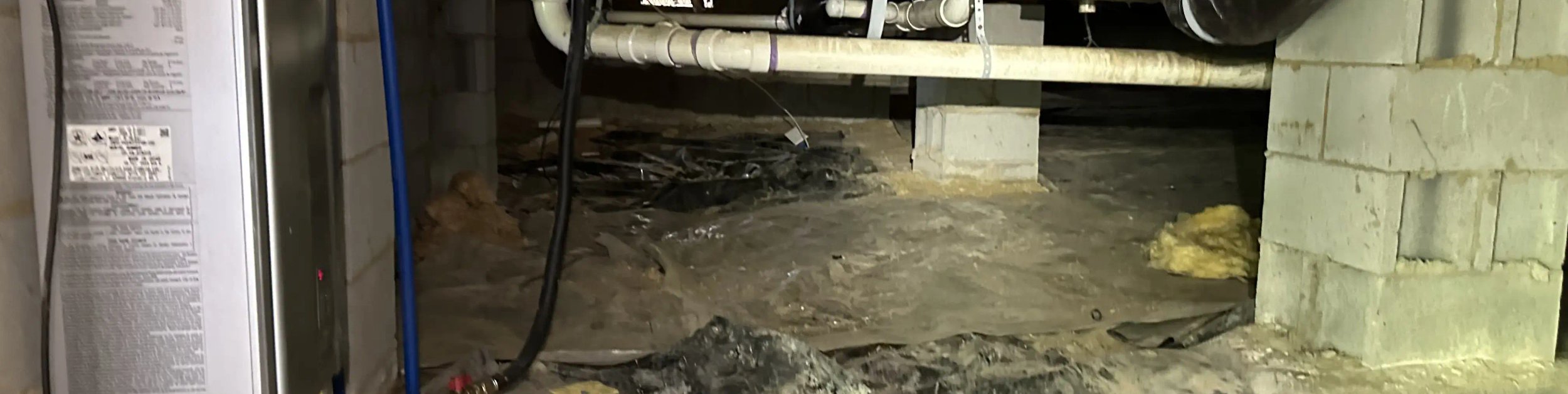 Wet crawl space with fallen insulation, debris, and standing water before work
